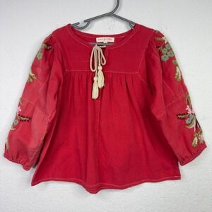 Mimi & Maggie Shirt 4T Red Linen Blend Embroidered Floral Peasant Boho Cottage